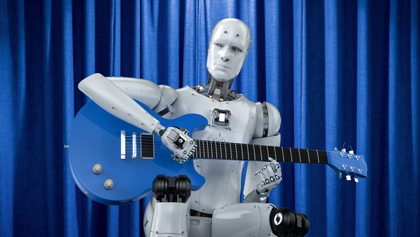 AI music composer or generator with robot playing a guitar