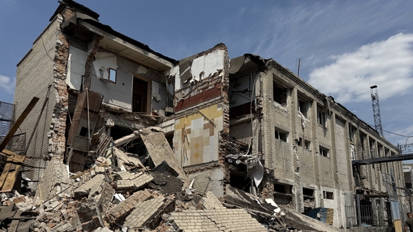 A building damaged and in ruin following Russian strikes in Bilenke
