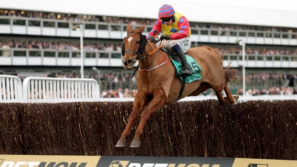 12 March 2025; Jazzy Matty, with Danny Gilligan up, on their way to winning The Debenhams Johnny Henderson Grand Annual Handicap Steeple Chase Challenge Cup on day two of the Cheltenham Racing Festival at Prestbury Park in Cheltenham, England. Photo by Ha
