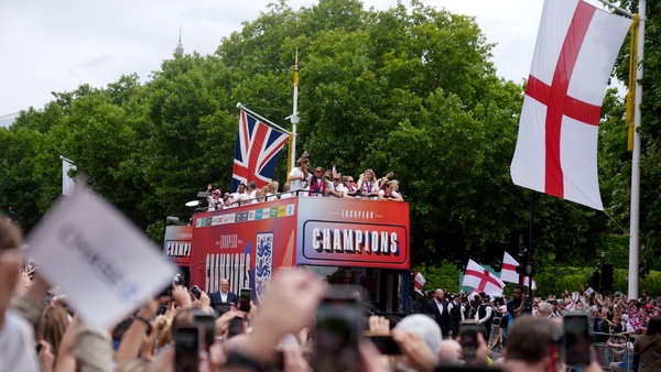 Buses carrying the England players and staff make their way down the Mall during a Homecoming Victory Parade. England defended their European Championship crown as they beat Spain on penalties in the final of Euro 2025