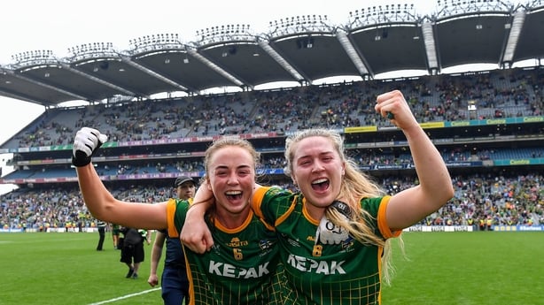 Meath players Aoibhín Cleary, left, and Orlagh Lally after Meath winning 2021 TG4 All-Ireland final