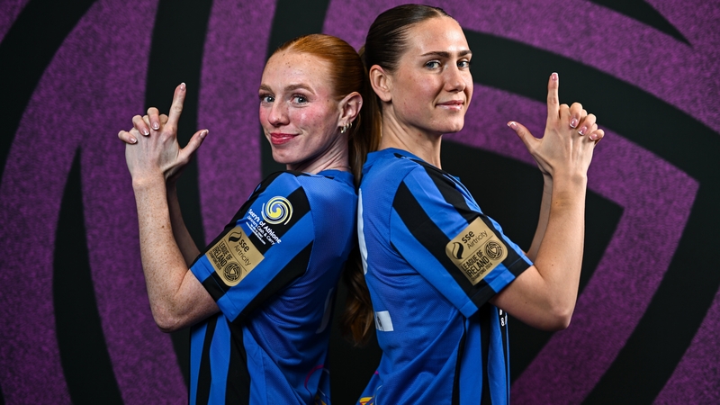 Kelly Brady, left, and Maddie Gibson during an Athlone Town squad portraits session at Athlone Town Stadium