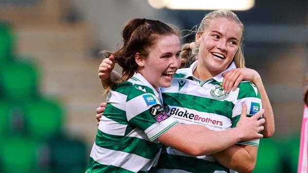 Emily Corbet of Shamrock Rovers, centre, celebrates with teammate Scarlett Herron after scoring her side's third goal during the SSE Airtricity Women's Premier Division match between Shamrock Rovers and Waterford at Tallaght Stadium