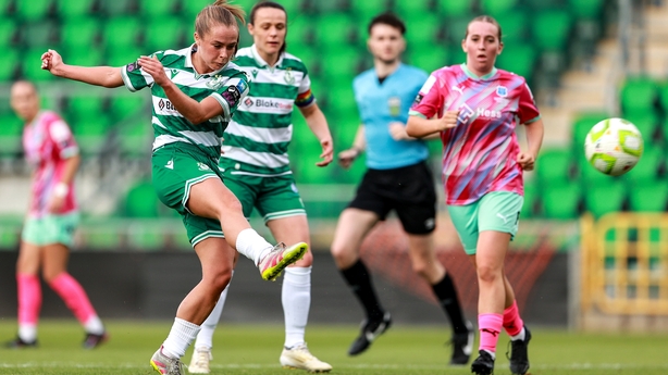 Claire O'Reilly of Shamrock Rovers shoots to score her side's first goal during the SSE Airtricity Women's Premier Division match between Shamrock Rovers and Waterford at Tallaght Stadium in Dublin. Photo by Thomas Flinkow/Sportsfile
