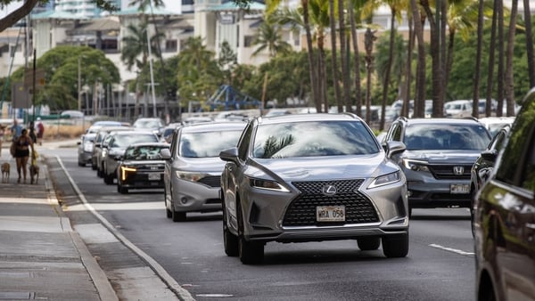Cars stuck in traffic as they try make way away from coast in Hawaii