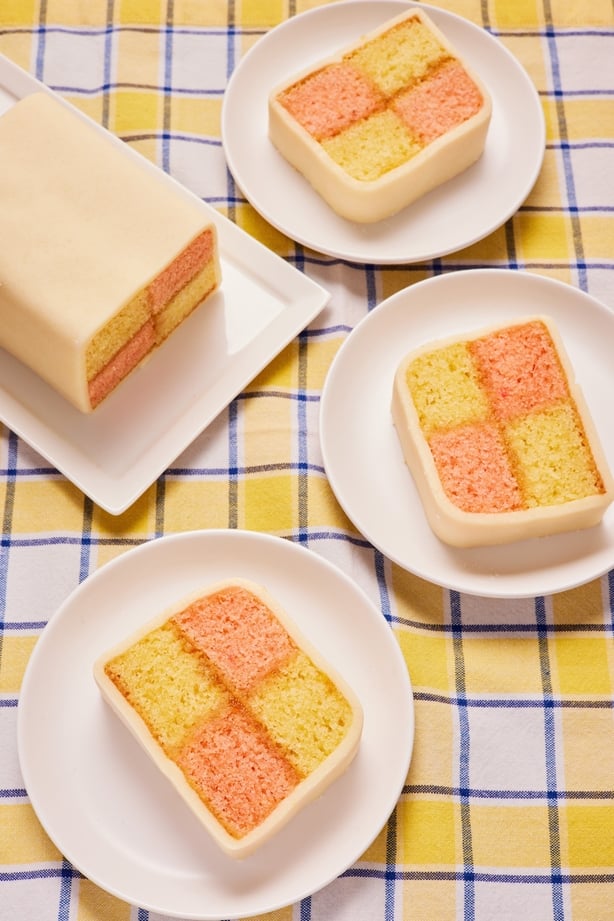 a group of plates of cakes