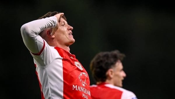 Chris Forrester of St Patrick's Athletic celebrates after scoring his side's first goal during the UEFA Conference League Second Qualifying Round first leg match between St Patrick's Athletic and Nomme Kalju FC at Richmond Park in Dublin.