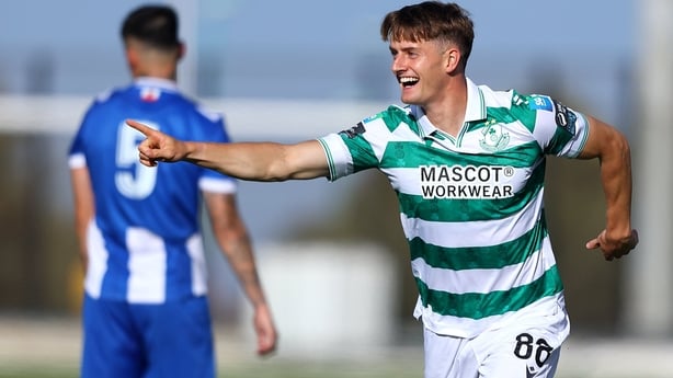 John McGovern of Shamrock Rovers celebrates after scoring his side's third goal during the UEFA Conference League Second Qualifying Round first leg match between St Joseph's and Shamrock Rovers at Victoria Stadium in Gibraltar.