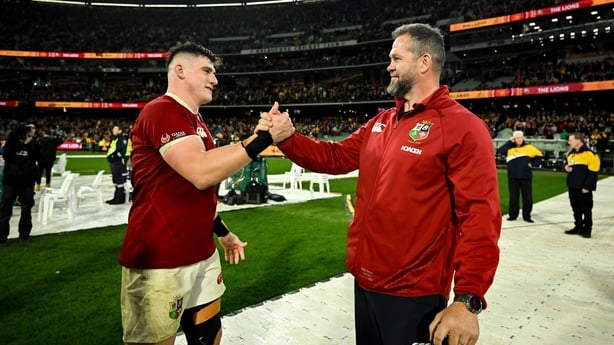 26 July 2025; Dan Sheehan of British & Irish Lions, left, and head coach Andy Farrell celebrate after the second test match between Australia and the British & Irish Lions at the Melbourne Cricket Ground in Melbourne, Australia. Photo by Brendan Moran/Sportsfile