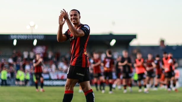 11 July 2025; Douglas James Taylor of Bohemians celebrates after his side's victory in the SSE Airtricity Men's Premier Division match between Bohemians and Galway United at Dalymount Park in Dublin. Photo by Thomas Flinkow/Sportsfile