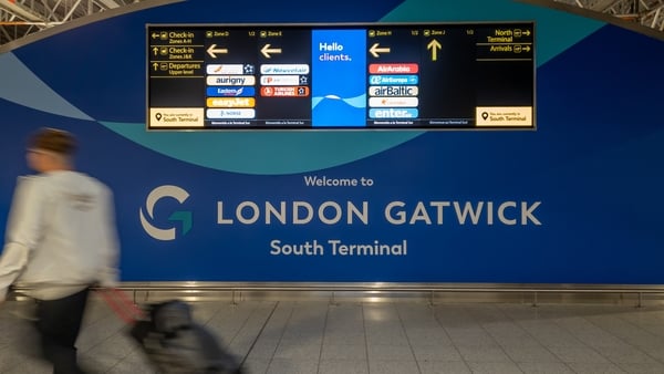 The welcome sign at the South Terminal of Gatwick Airport with a list airlines on dispaly.