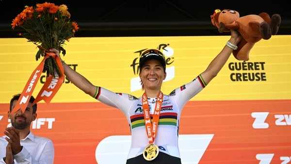 Kimberley Le Court Pienaar of Mauritius and Team AG Insurance - Soudal celebrates at podium as stage winner during the 4th Tour de France Femmes 2025, Stage 5 a 165.8km stage from Chasseneuil-du-Poitou (Futuroscope) to Gueret / #UCIWWT / on July 30, 2025