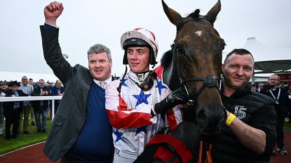 30 July 2025; Jockey Danny Gilligan, centre, with trainer Gordon Elliott, left, and Western Fold after winning the Tote Galway Plate during day three of the Galway Races Summer Festival at Ballybrit Racecourse in Galway. Photo by Seb Daly/Sportsfile