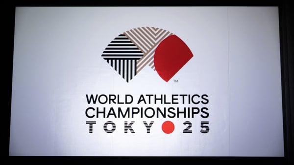 The logo of the World Athletics Championships Tokyo 2025 is seen during a logo unveiling event at Japan National Stadium in Tokyo on May 13, 2024.