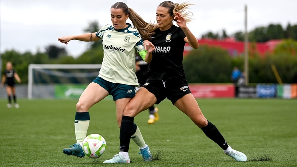 Madison Gibson of Athlone Town in action against Lisa Owen of Cardiff City during the UEFA Women's Champions League First Qualifying Round semi-final match between Cardiff City and Athlone Town at Athlone Town Stadium in Westmeath.