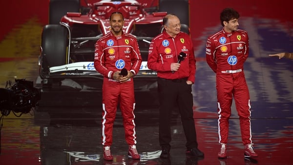 Charles Leclerc of Monaco and Scuderia Ferrari, Lewis Hamilton of Great Britain and Scuderia Ferrari and Frederic Vasseur, Team Principal of Scuderia Ferrari look on during F1 75 Live at The O2 Arena on February 18, 2025 in London, England.