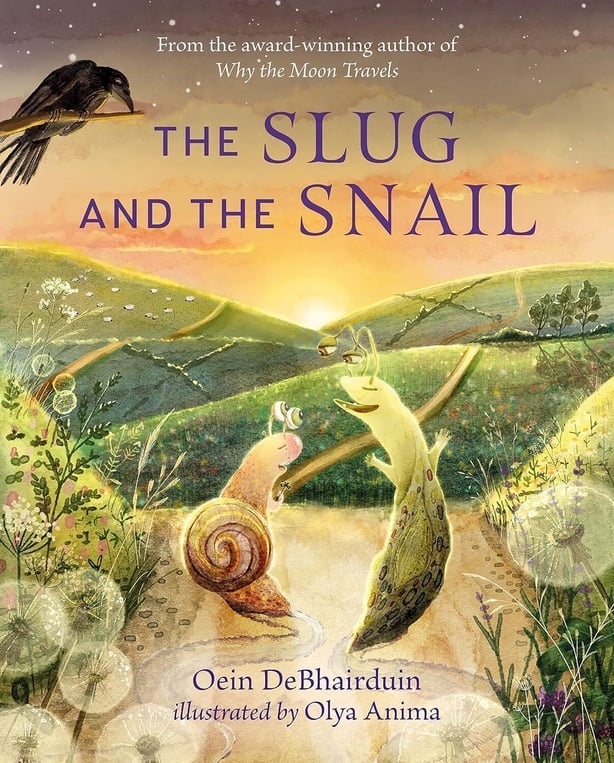 the cover of a book called The Slug and the Snail. A slug and a snail look out over green fields
