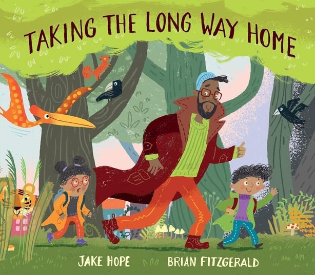 the cover of a book called Taking the Long Way Home - it is a cartoon of a man and children walking in a forest