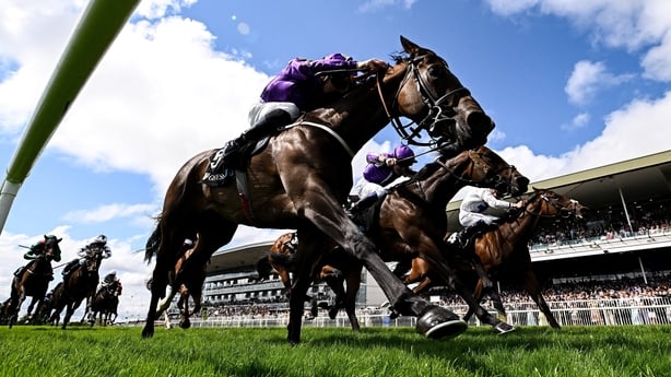 Tropical Island, centre, with Luke McAteer up, on their way to winning the Arthur Guinness Irish EBF Corrib Fillies Stakes, from eventual second place Princess Child, far right, with Declan McDonogh up, and third place Easy Mover, second from right, with Gavin Ryan up, during day four of the Galway 