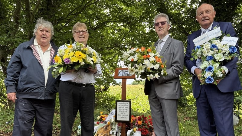 (L-R) Surviving band members Ray Miller, Des Lee and Stephen Travers, and former road manager Brian Maguire, at the memorial near Newry