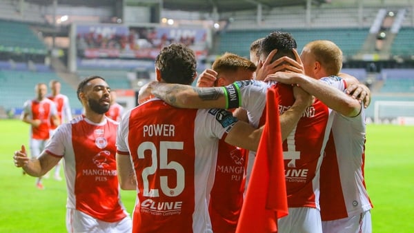 31 July 2025; St Patrick's Athletic players celebrate after their first goal, scored by Joe Redmond, second from right, during the UEFA Conference League Second Qualifying Round second leg match between Nõmme Kalju FC and St Patrick's Athletic at Lillekül