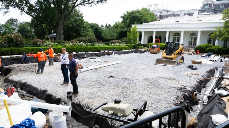 The Rose Garden is seen under construction at the White House in Washington, DC