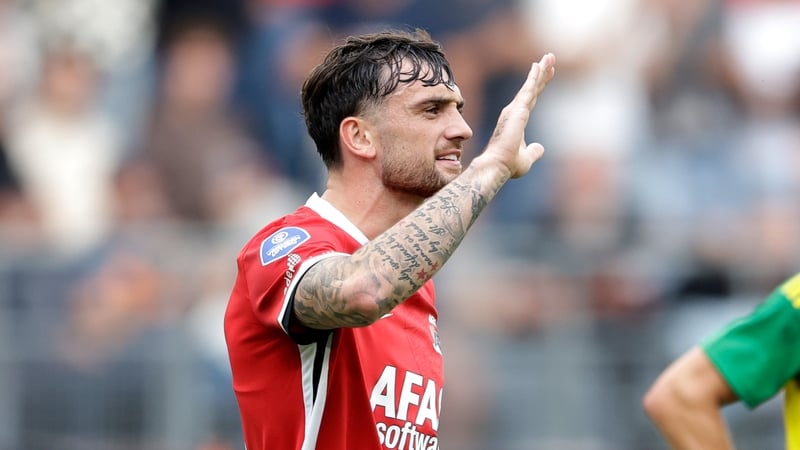 AZ Alkmaar's Troy Parrott celebrates the first of his two goals
