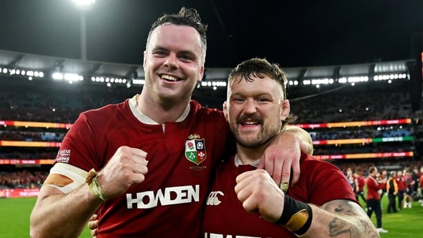 MELBOURNE , AUSTRALIA - 26 July 2025; James Ryan, left, and Andrew Porter of British & Irish Lions celebrate after the second test match between Australia and the British & Irish Lions at the Melbourne Cricket Ground in Melbourne, Australia. (Photo By Brendan Moran/Sportsfile via Getty Images)