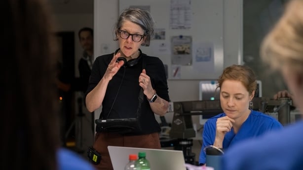 (L-R) Writer-director Petra Volpe and star Leonie Benesch on the set of Late Shift