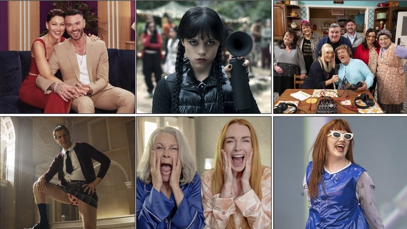 Clockwise from top left: Love is Blind hosts Emma and Matt Willis, Jenna Ortega in Wednesday, the cast of Mrs Brown's Boys, CMAT, Jamie Lee Curtis and Lindsay Lohan in Freakier Friday and Liam Neeson in The Naked Gun
