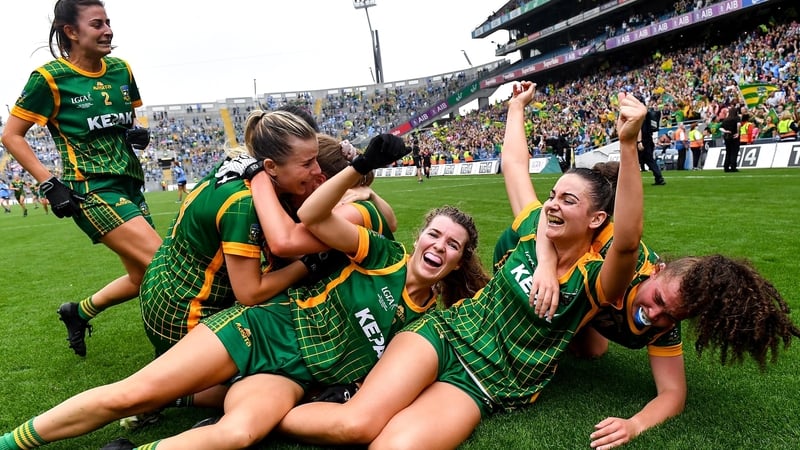 Meath players, including Orla Byrne (C), celebrate after winning the 2021 All-Ireland final