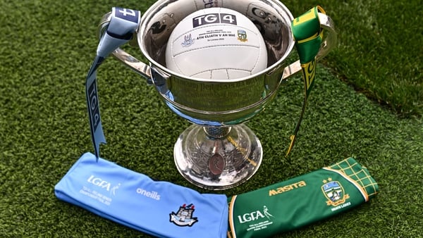 1 August 2025; The Brendan Martin Cup, the official matchday ball and the jerseys that Dublin and Meath will wear in next Sunday’s TG4 All-Ireland Ladies Senior Football Championship Final, pictured at Croke Park, Dublin. Photo by Ben McShane/Sportsfile