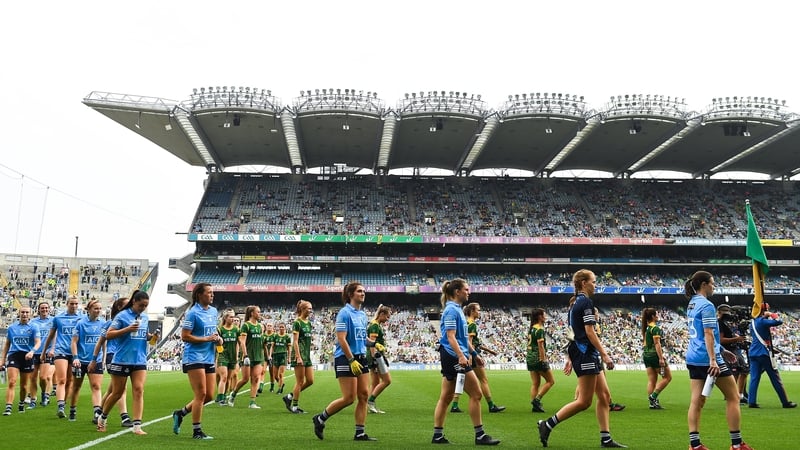 Dublin and Meath teams in the parade before the 2021 TG4 All-Ireland final