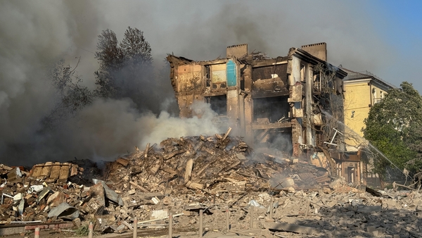 Smoke rises over rubble of destroyed residential building after Russian air attack on July 31, 2025 in Kramatorsk, Ukraine.