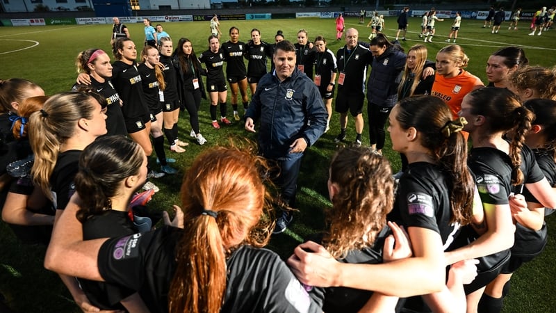 Colin Fortune speaks to his Athlone Town players after their emphatic win against Cardiff City