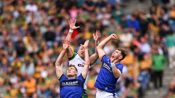 27 July 2025; Mark O'Shea, left, and Seán O'Brien of Kerry compete for a high ball against Michael Murphy of Donegal during the GAA Football All-Ireland Senior Championship final match between Kerry and Donegal at Croke Park in Dublin. Photo by Ramsey Cardy/Sportsfile