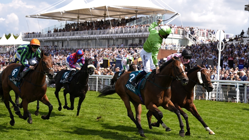 Jason Hart stands up in his irons and punches the air after crossing the line on Jm Jungle in the King George Qatar Stakes
