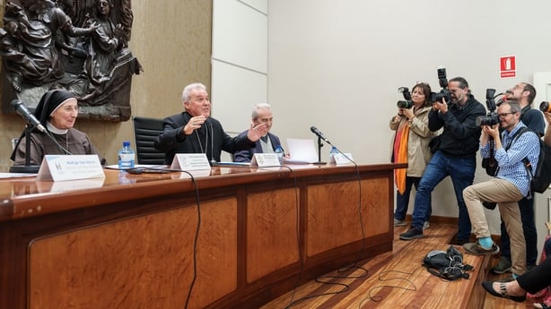 Archbishop of Burgos Mario Iceta (second left) and Federal Secretary of the Order of Saint Clare sister Carmen Ruiz (left), give a press conference in Burgos