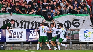 Josh Fitzpatrick of Cork City, hidden, celebrates with teammates after scoring their side's first goal during the SSE Airtricity Men's Premier Division match between Cork City and Galway United at Turner's Cross in Cork. Photo by Tyler Miller/Sportsfile
