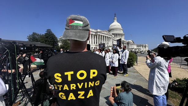 WASHINGTON D.C., UNITED STATES - JULY 24: Doctors, nurses, and other medical professionals, alongside Representative Rashida Tlaib, gather at the House Triangle on Capitol Hill to also demand the removal of the US-Israeli-backed Gaza Humanitarian Foundation (GHF) in Washington D.C., United States on
