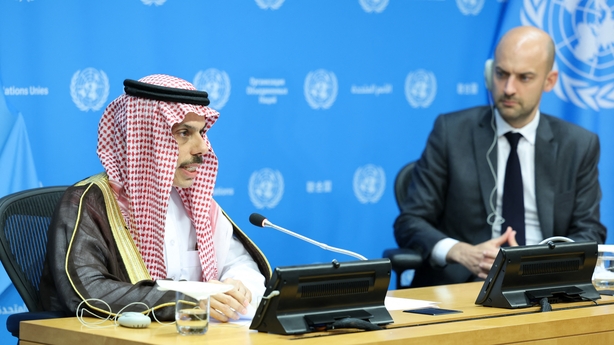 (L/R) Conference co-chairs Saudi Arabia's Foreign Minister Faisal bin Farhan Al-Saud and French Foreign Minister Jean-Noel Barrot speak during a press conference during the United Nations conference on a two state solution for Israel and the Palestinians, at UN headquarters on July 28, 2025, in New