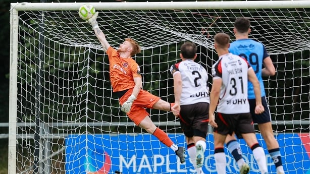 Dundalk goalkeeper Enda Minogue makes a save during the SSE Airtricity Men's First Division match between UCD and Dundalk at UCD Bowl in Belfield, Dublin