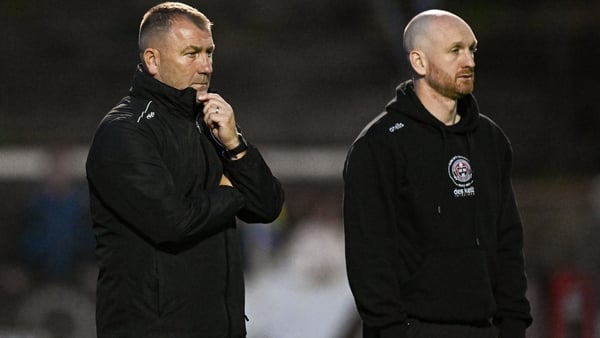Bohemians manager Alan Reynolds, left, and assistant manager Stephen O'Donnell during the SSE Airtricity Men's Premier Division match between Bohemians and Drogheda United at Dalymount Park in Dublin. (Photo By Seb Daly/Sportsfile via Getty Images)