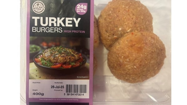 Uncooked turkey burgers in packaging