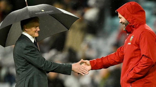 2 August 2025; Australia head coach Joe Schmidt, left, and British & Irish Lions head coach Andy Farrell before the third test match between Australia and the British & Irish Lions at Accor Stadium in Sydney, Australia. Photo by Brendan Moran/Sportsfile