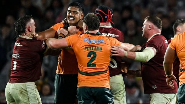 2 August 2025; Tom Curry of British & Irish Lions and Harry Wilson of Australia tussle during the third test match between Australia and the British & Irish Lions at Accor Stadium in Sydney, Australia. Photo by Brendan Moran/Sportsfile