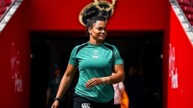 2 August 2025; Eimear Corri-Fallon of Ireland exits the tunnel to inspect the pitch before the Women's Rugby World Cup warm-up match between Ireland and Scotland at Virgin Media Park in Cork. Photo by Shauna Clinton/Sportsfile