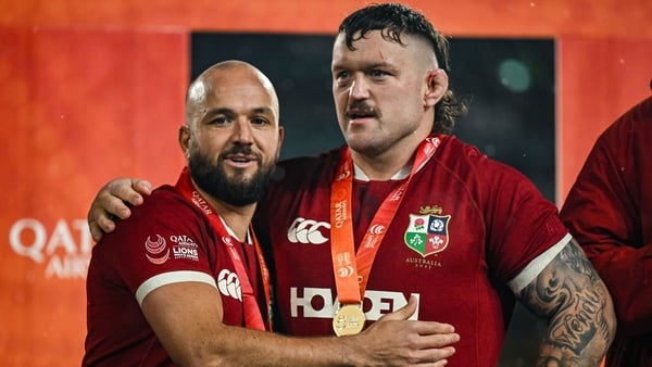 2 August 2025; British & Irish Lions players Jamison Gibson-Park, left, and Andrew Porter after the third test match between Australia and the British & Irish Lions at Accor Stadium in Sydney, Australia. Photo by Brendan Moran/Sportsfile