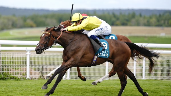 Callum Rodriguez riding Waardah (yellow) win the Lillie Langtry Stakes at Goodwood, August 2025