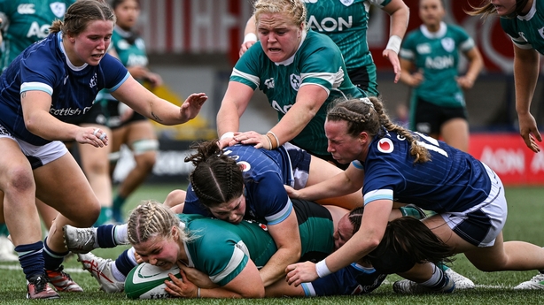 2 August 2025; Sadhbh McGrath of Ireland scores her side's first try during the Women's Rugby World Cup warm-up match between Ireland and Scotland at Virgin Media Park in Cork. Photo by Shauna Clinton/Sportsfile